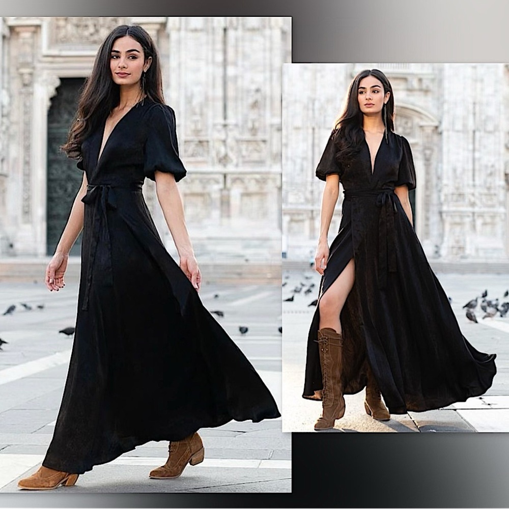 ▪️Joyfolie Lucerine Silky Maxi Wrap Dress in Luxe Black, S